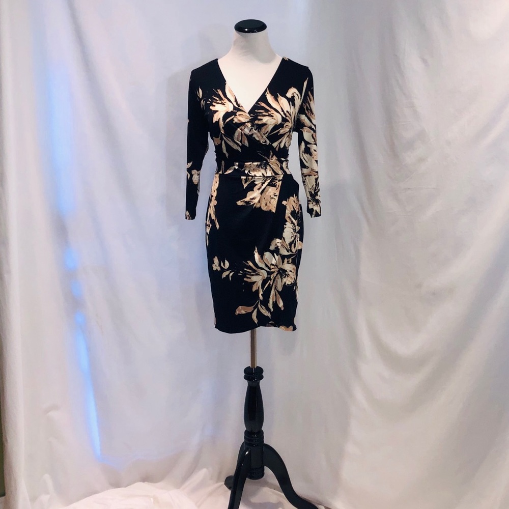 Body con, wrap front black & blush flowered dress
